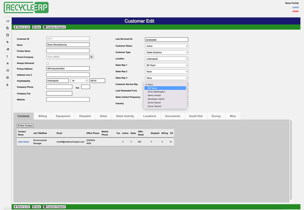 Edit customer record in RecycleERP