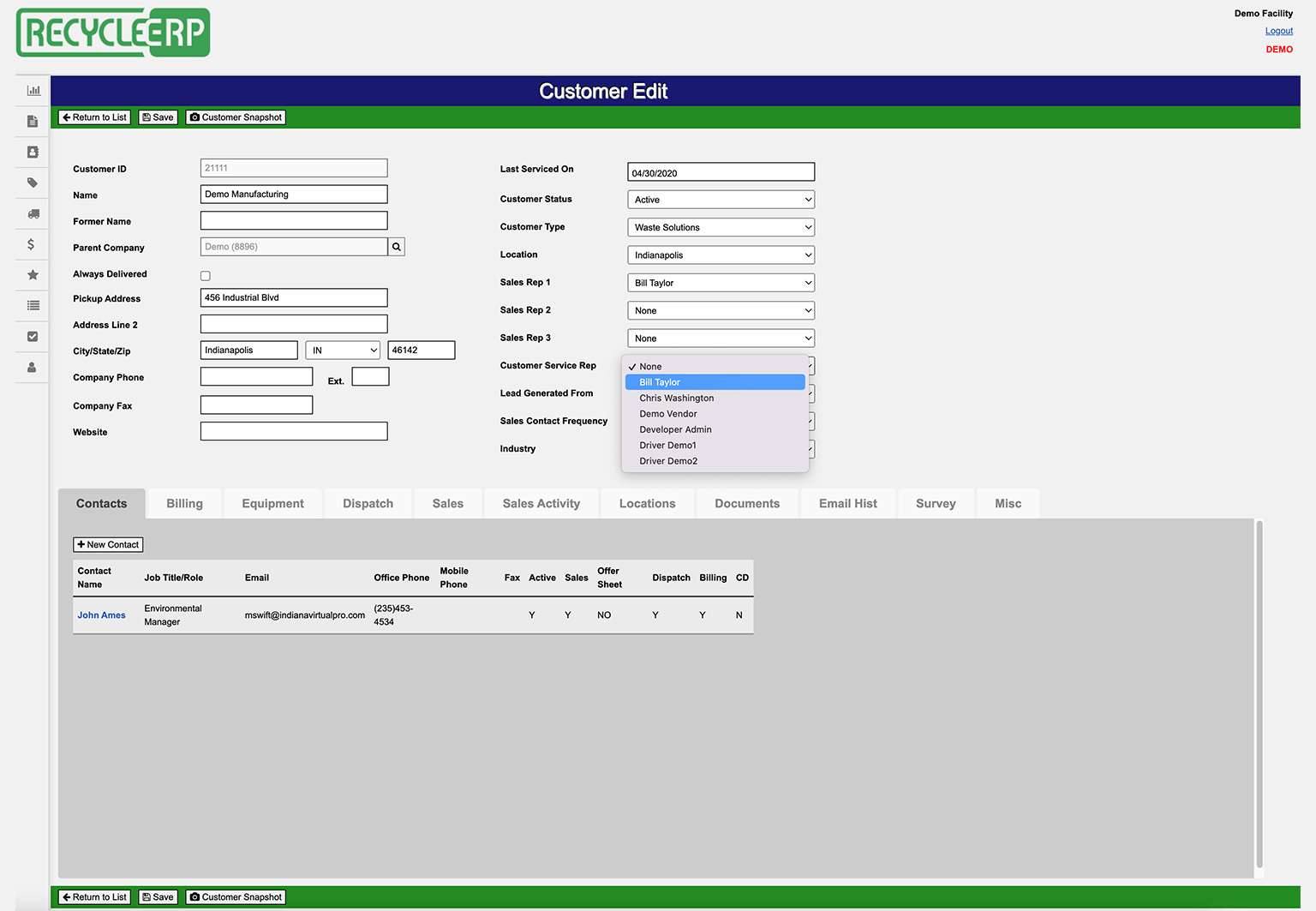 Edit customer record in RecycleERP