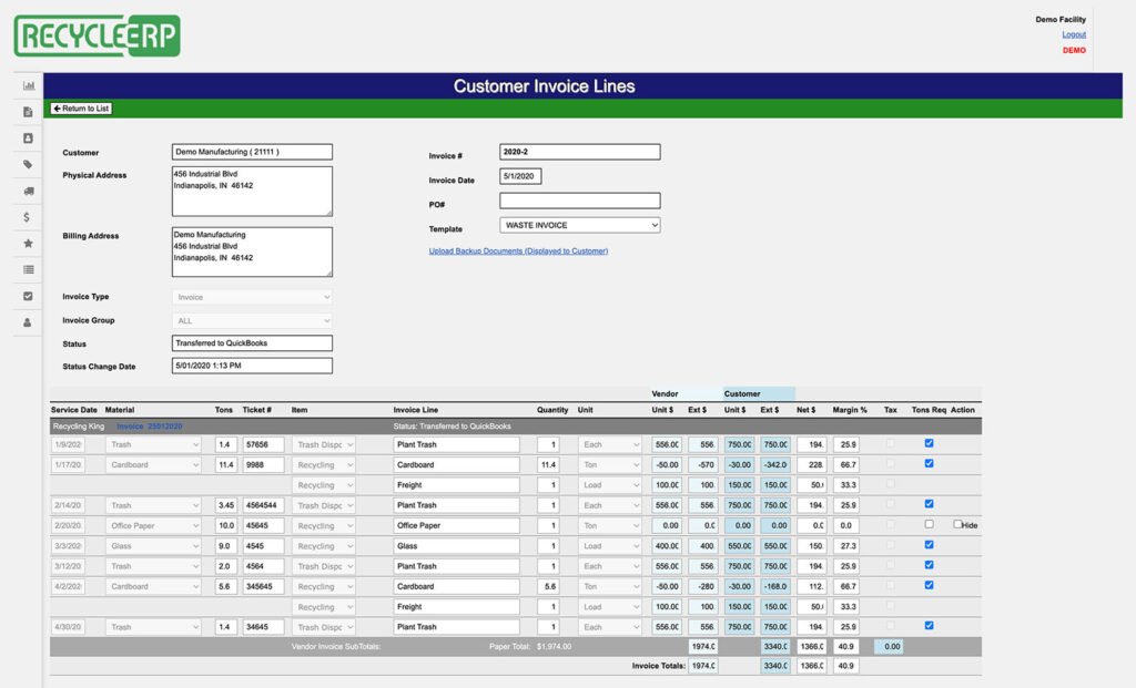 Customer invoice in RecycleERP