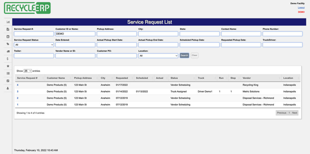 Service request list in RecycleERP