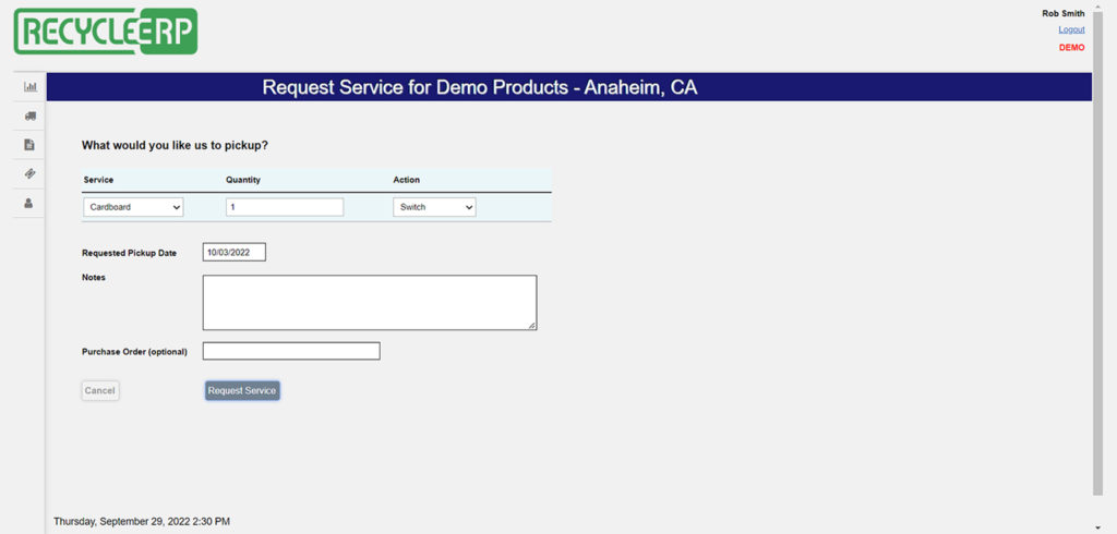 Request service page in RecycleERP